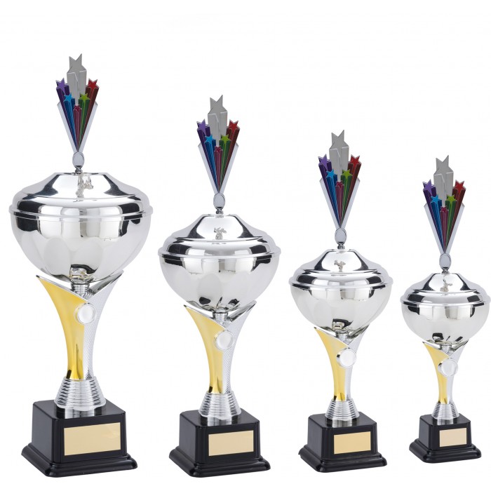 V-RISER FOOTBALL TROPHY CUP WITH METAL STARBURST PLAQUE - AVAILABLE IN 4 SIZES